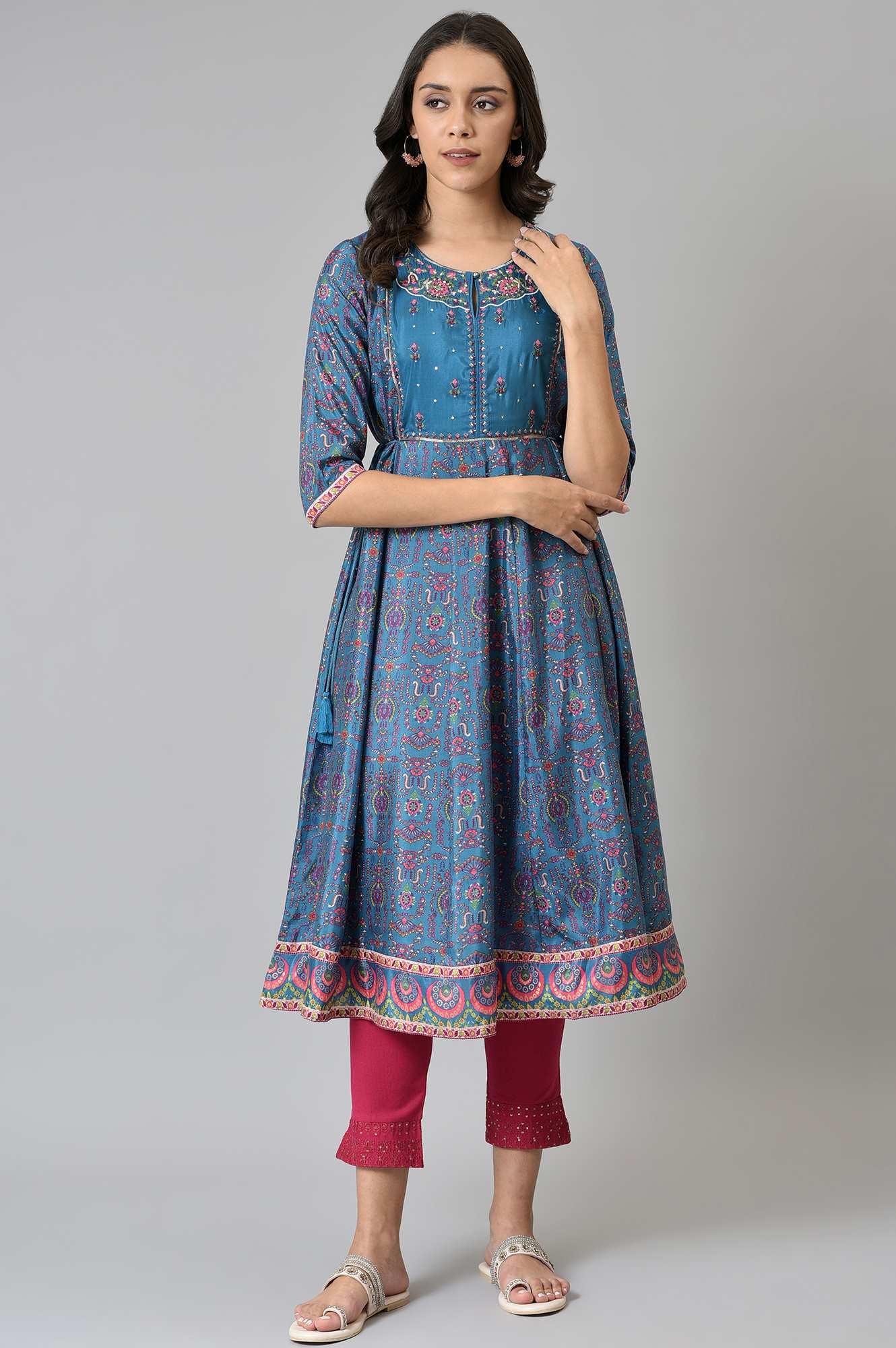 Deep Blue Printed And Embroidered kurta - wforwoman