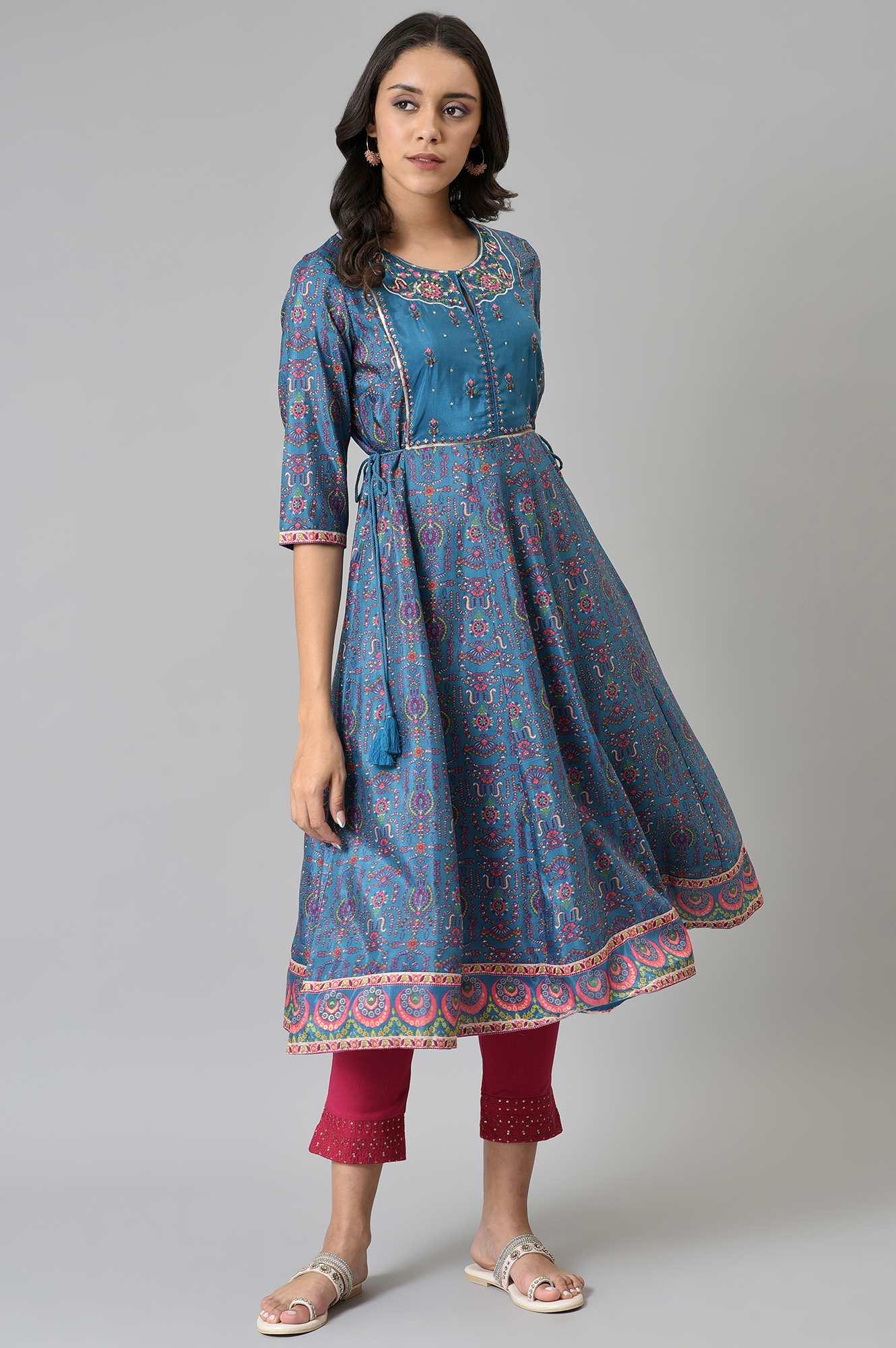 Deep Blue Printed And Embroidered kurta - wforwoman