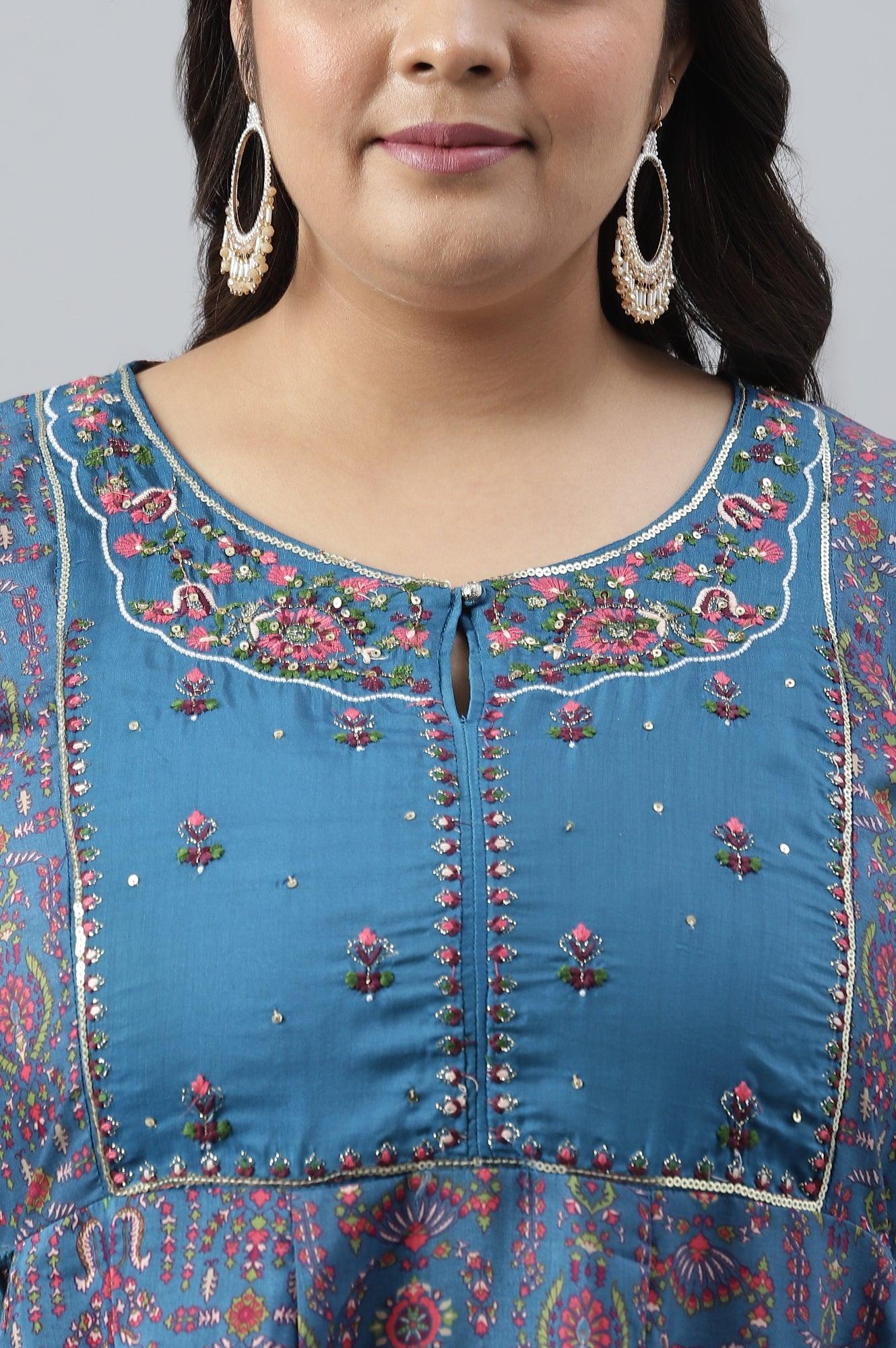 Deep Blue Printed And Embroidered Plus Size kurta - wforwoman