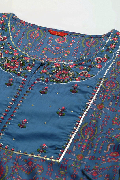 Deep Blue Printed And Embroidered Plus Size kurta - wforwoman