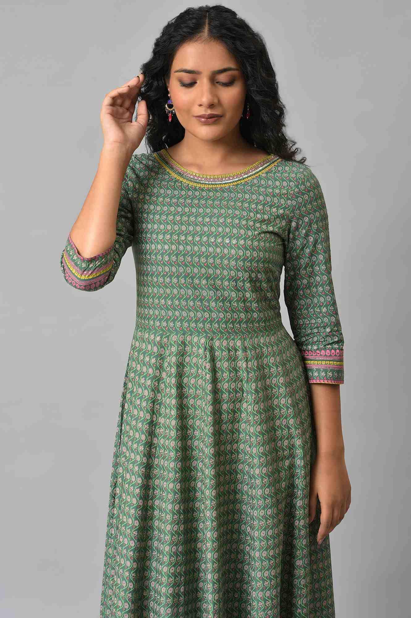 Leaf Green Glitter Printed Kalidar Dress - wforwoman