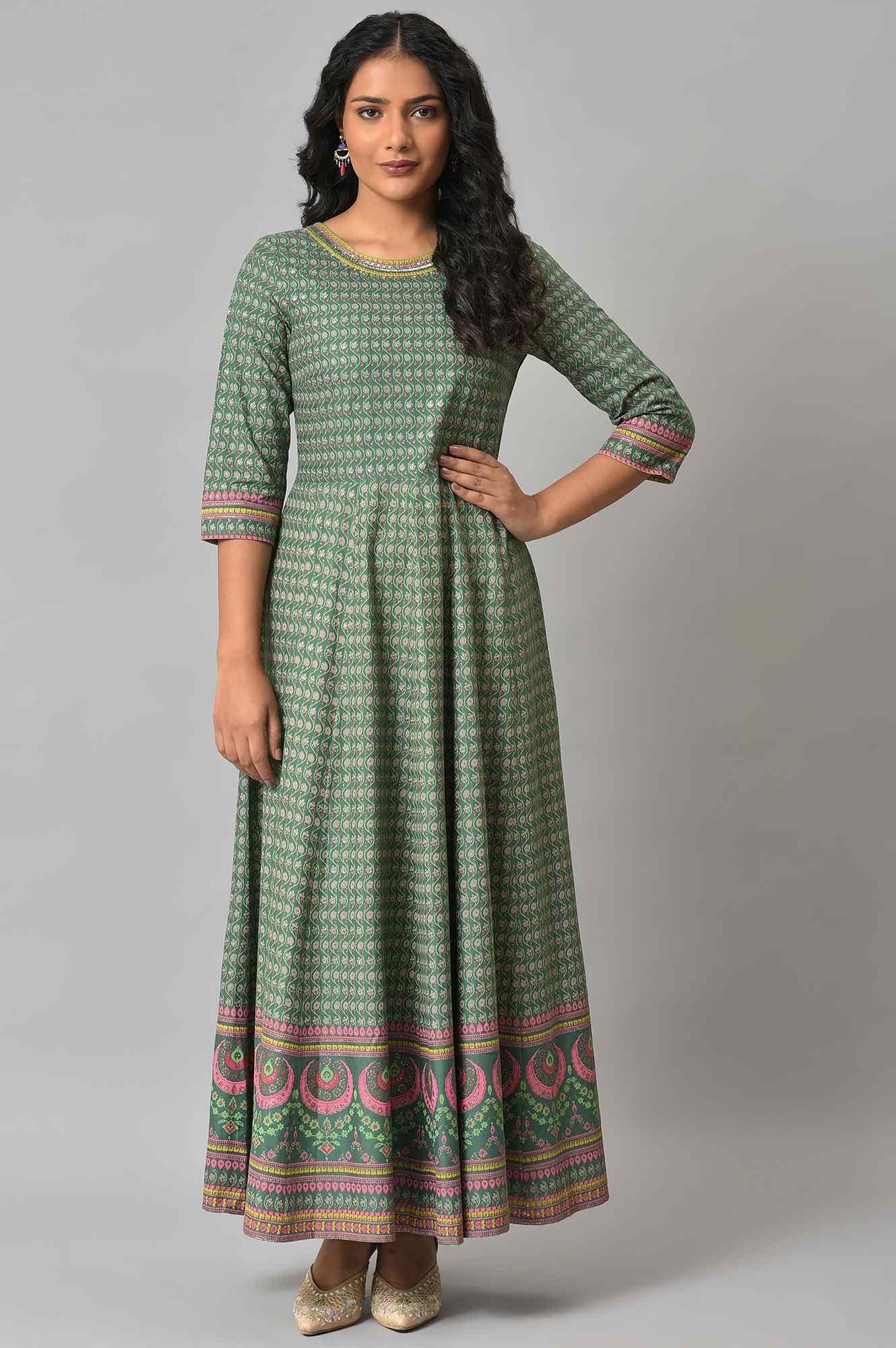 Leaf Green Glitter Printed Kalidar Dress - wforwoman