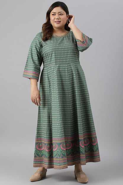 Leaf Green Glitter Printed Kalidar Plus Size Dress - wforwoman