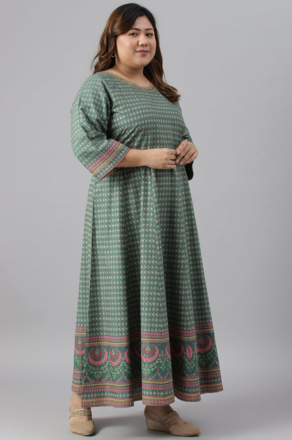 Leaf Green Glitter Printed Kalidar Plus Size Dress - wforwoman