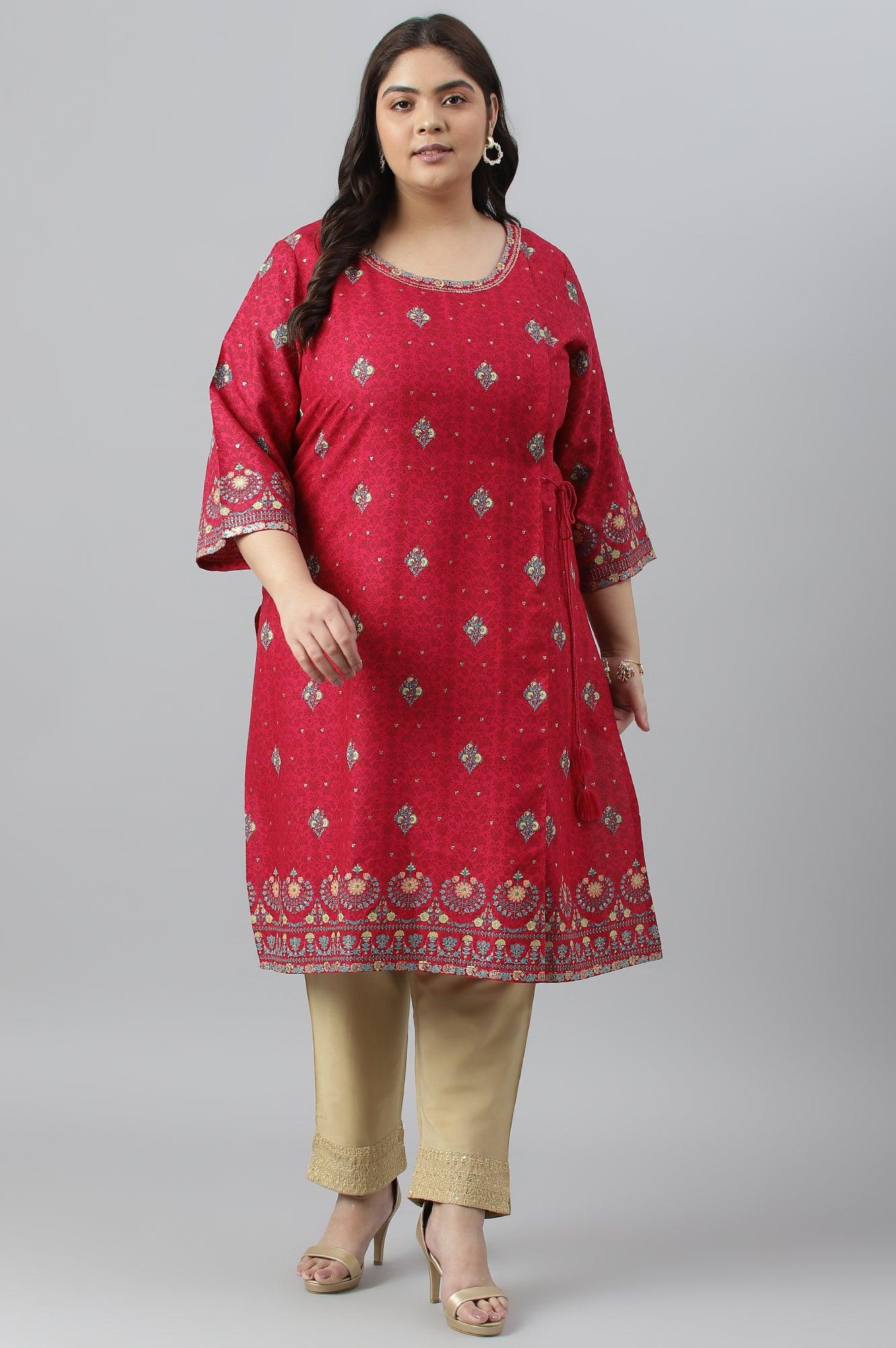 Fuchsia Pink Floral Printed Plus Size kurta With Sequins - wforwoman