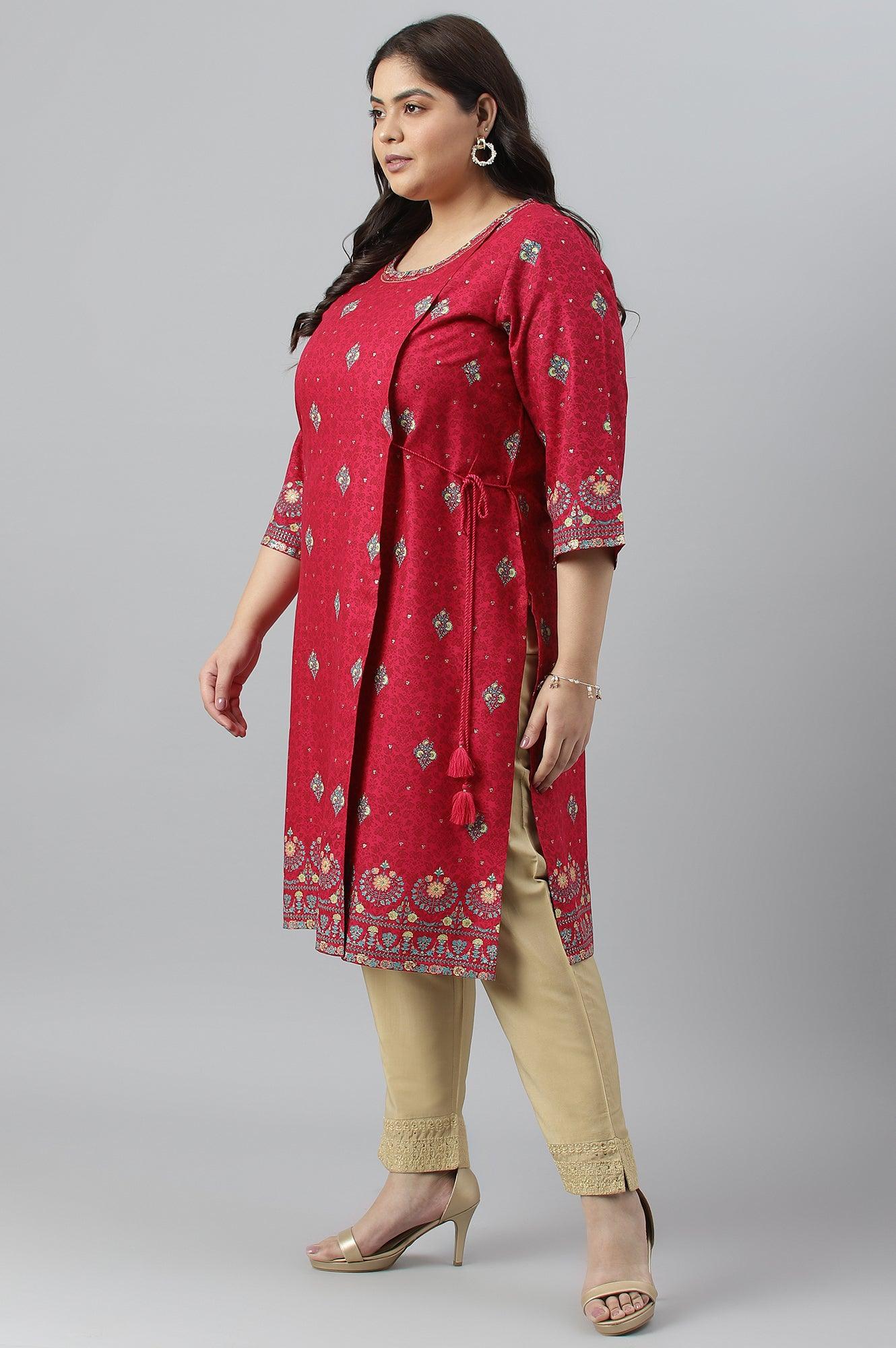 Fuchsia Pink Floral Printed Plus Size kurta With Sequins - wforwoman