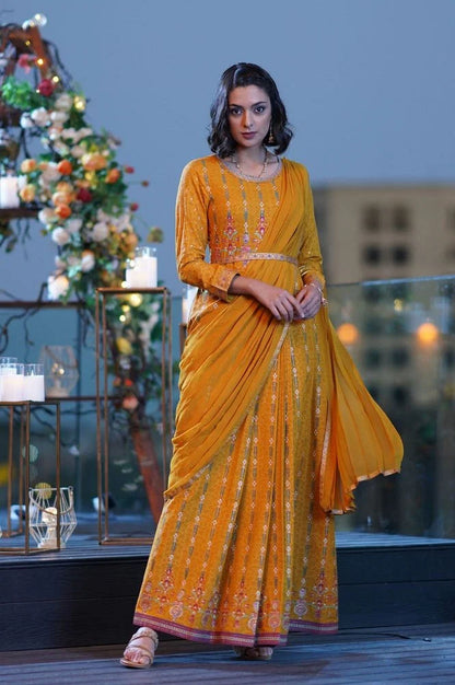 Yellow Glitter Printed Festive Saree Dress With Belt