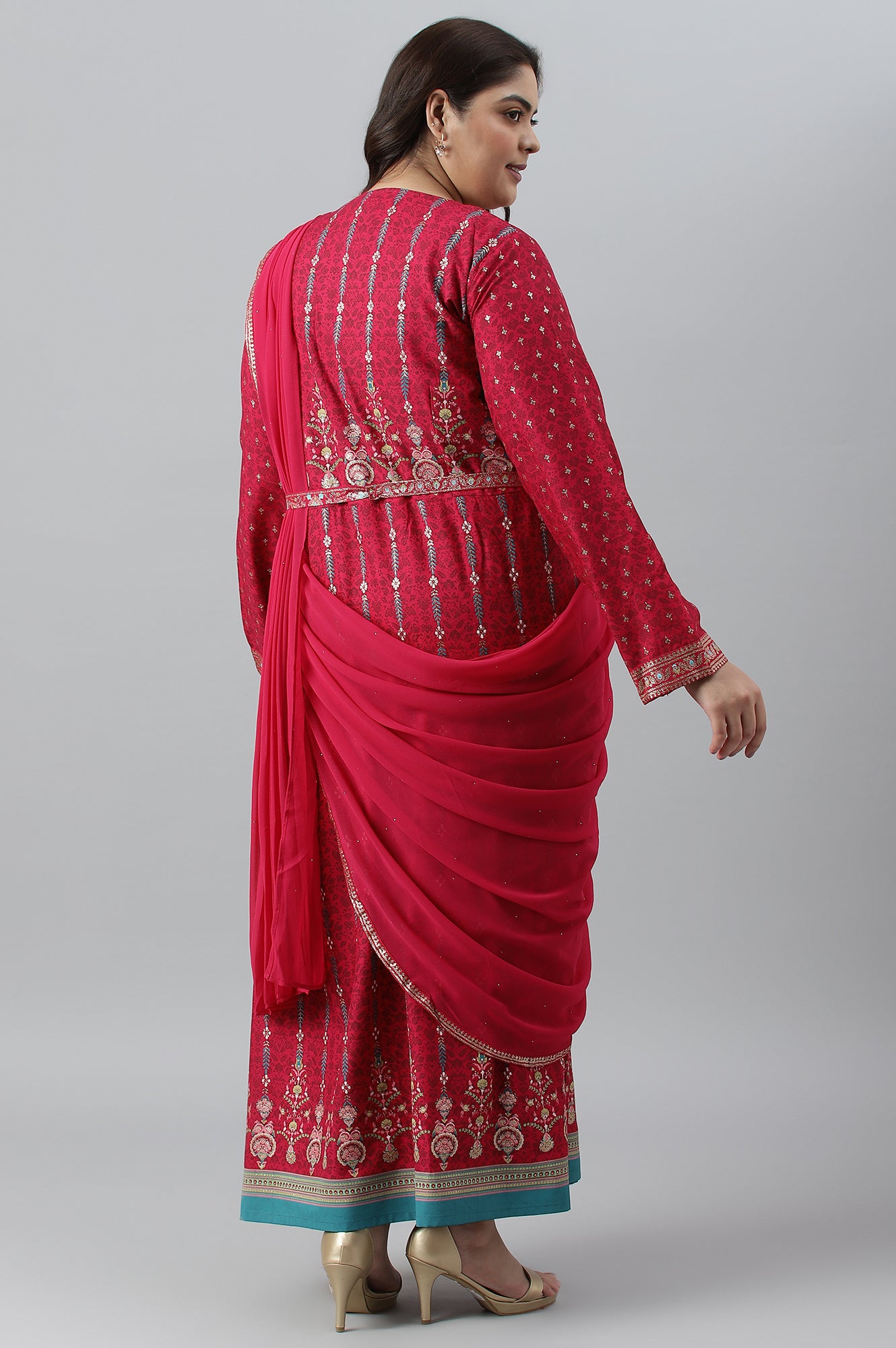 Dark Pink Glitter Printed Festive Plus Size Saree Dress