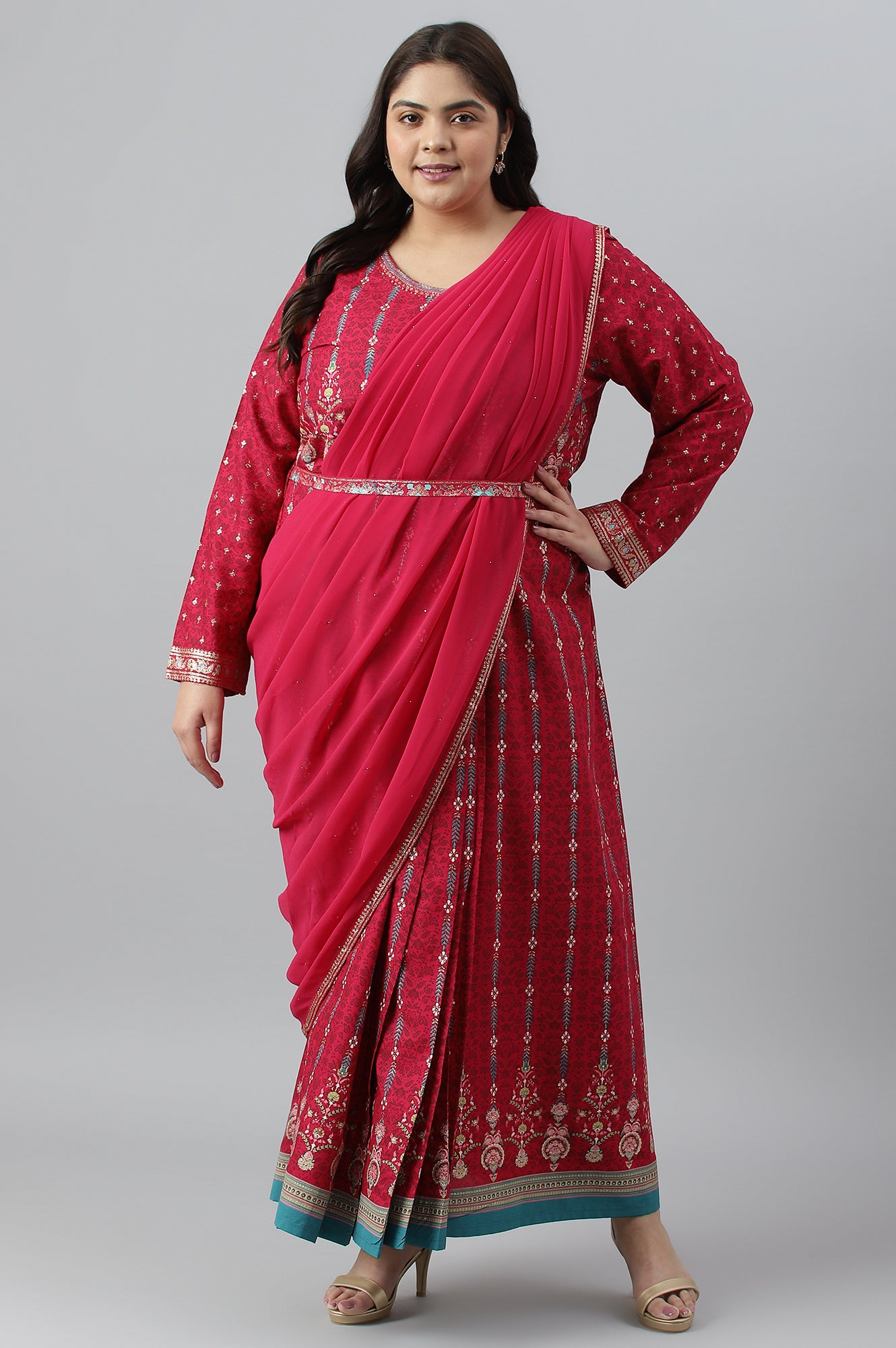 Dark Pink Glitter Printed Festive Plus Size Saree Dress