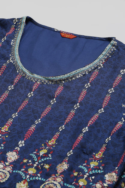 Dark Blue Glitter Printed Festive Plus Size Insta Saree Dress - wforwoman