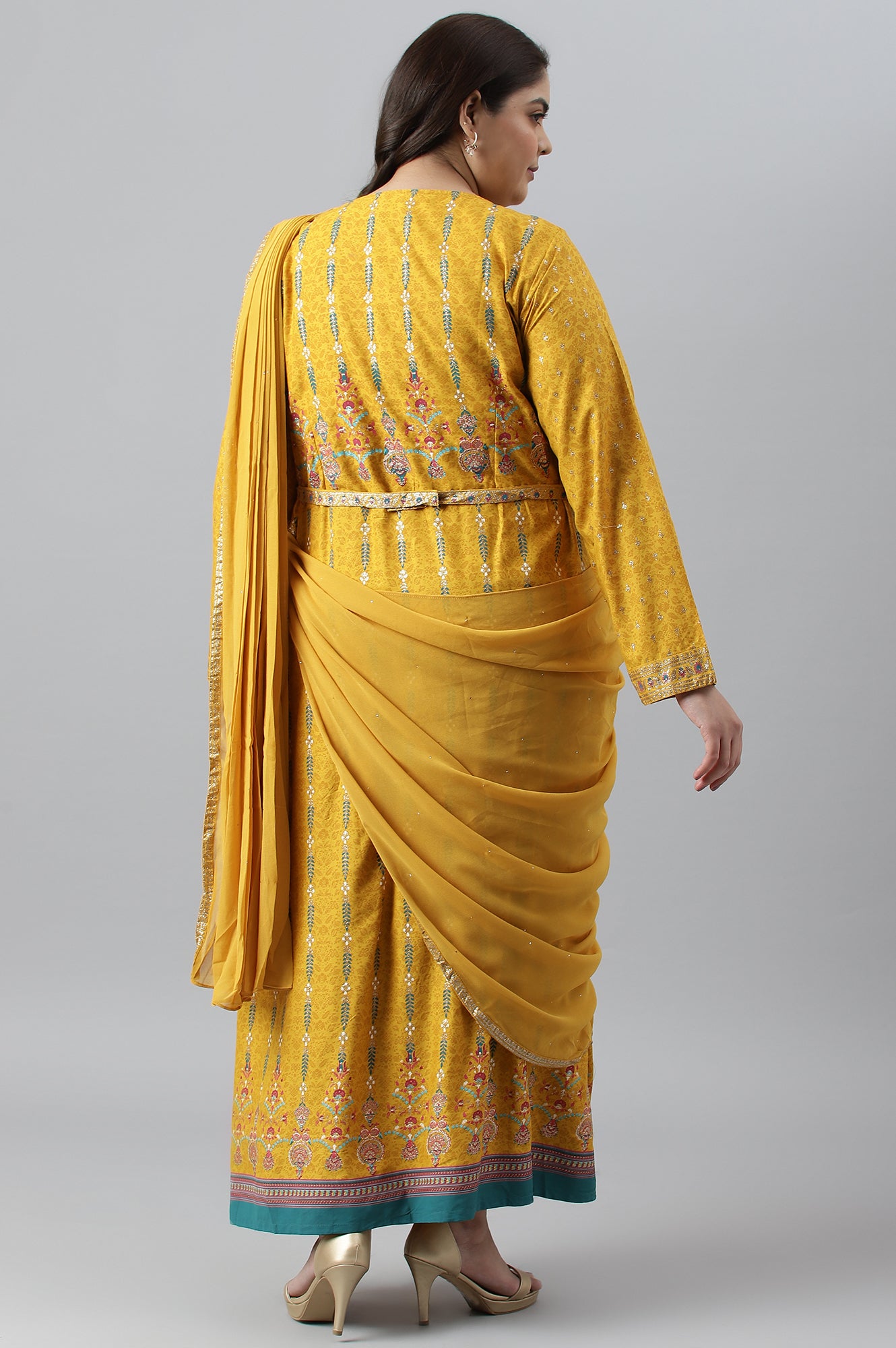 Yellow Glitter Printed Festive Plus Size Saree Dress With Belt