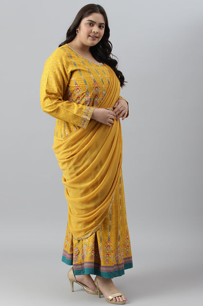 Yellow Glitter Printed Festive Plus Size Saree Dress With Belt