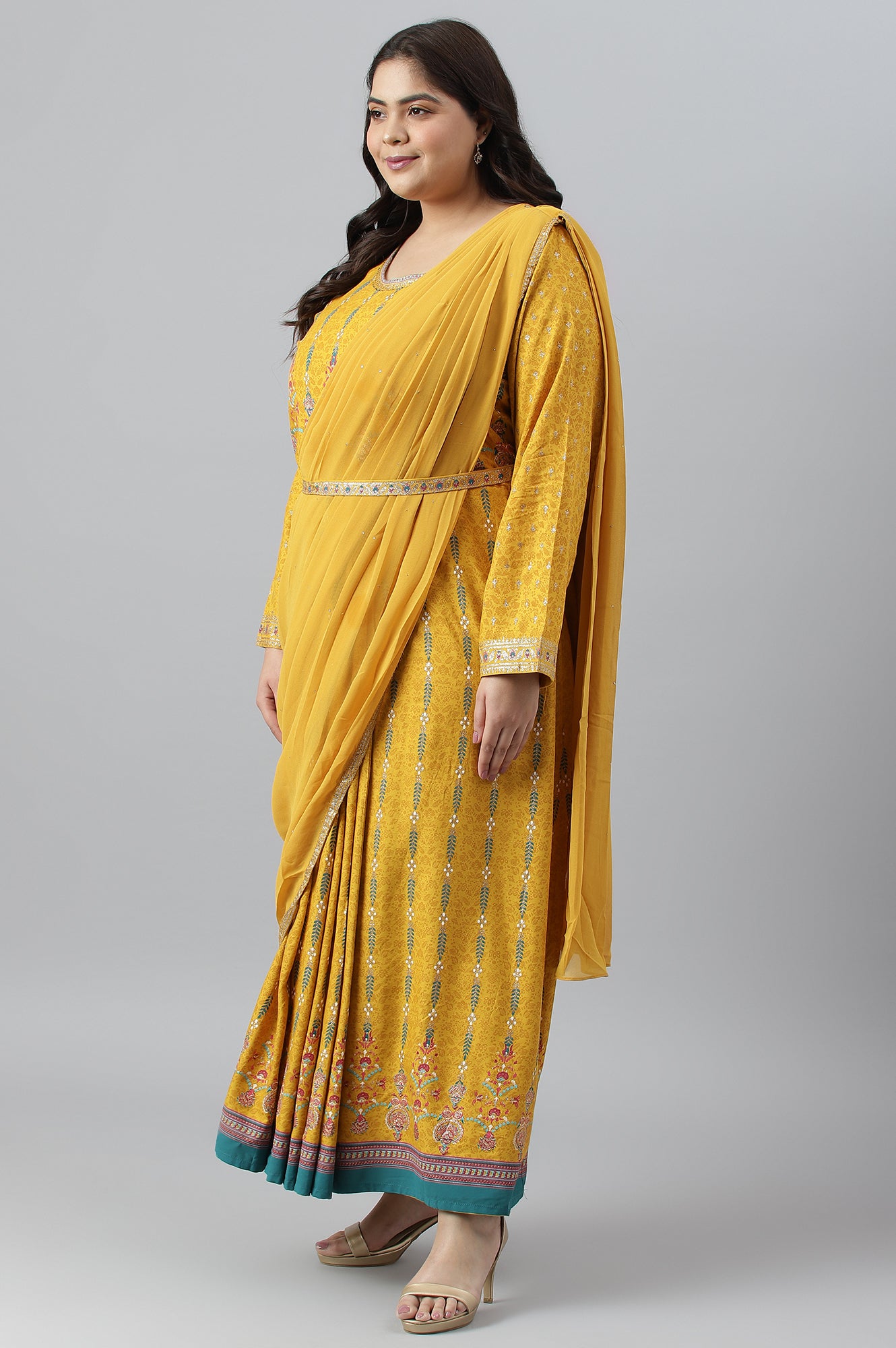 Yellow Glitter Printed Festive Plus Size Saree Dress With Belt