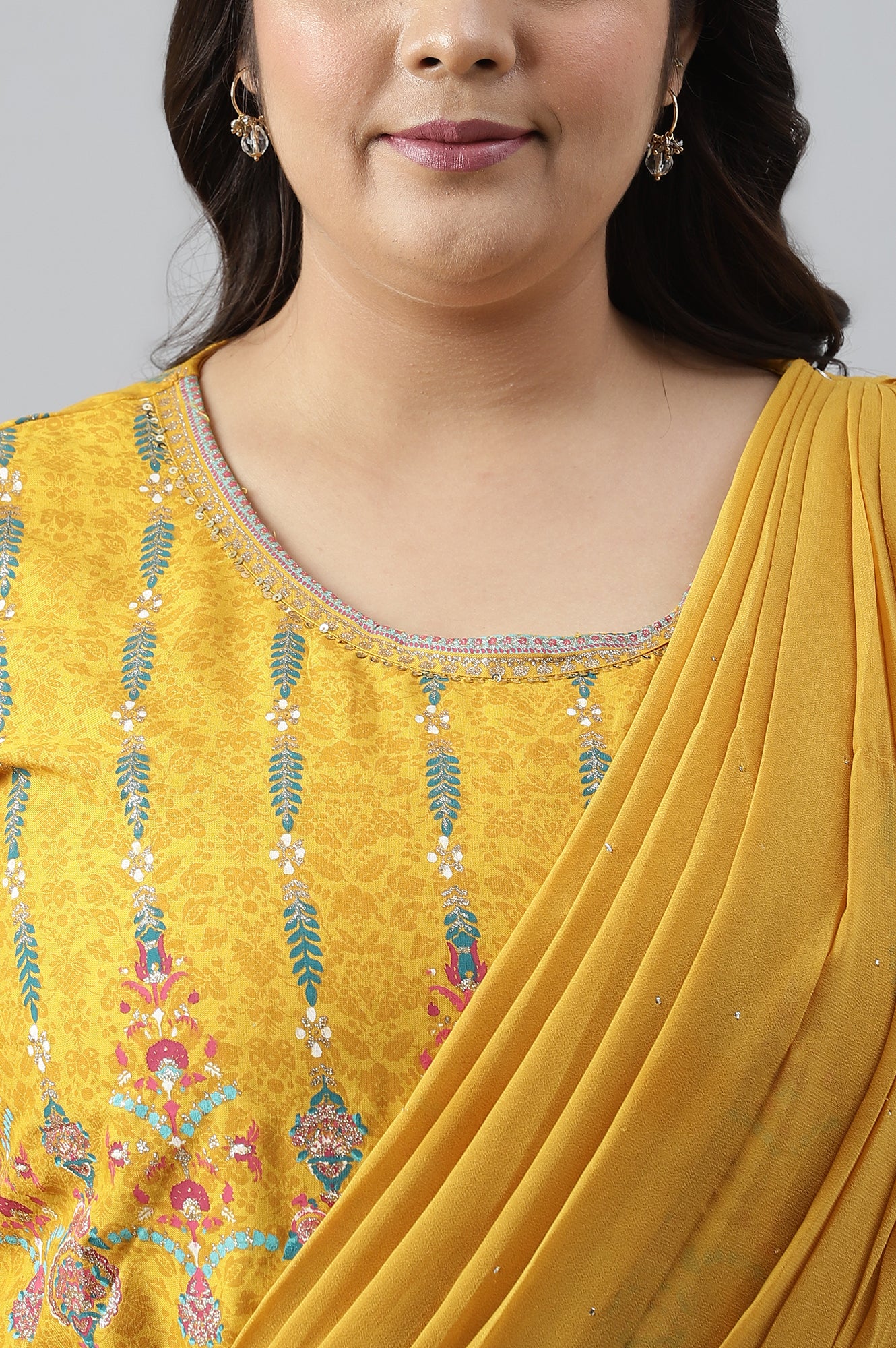Yellow Glitter Printed Festive Plus Size Saree Dress With Belt