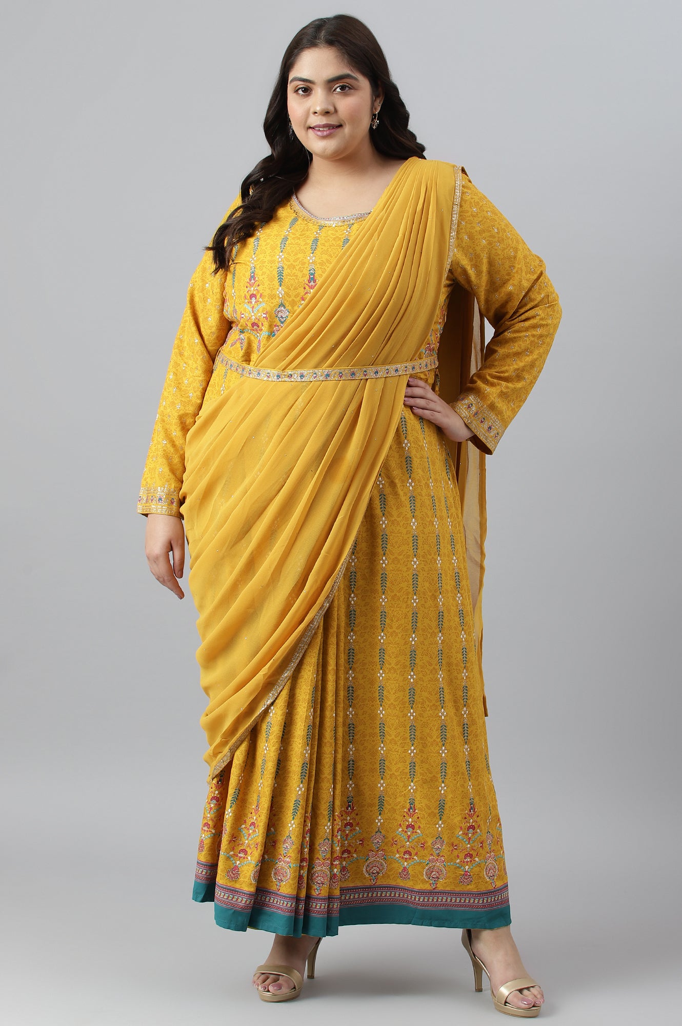 Yellow Glitter Printed Festive Plus Size Saree Dress With Belt