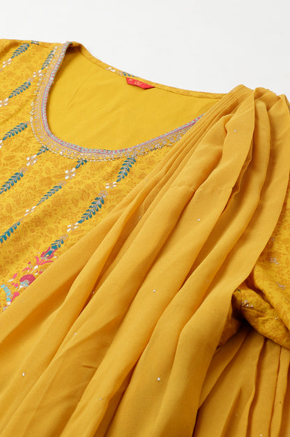 Yellow Glitter Printed Festive Plus Size Saree Dress With Belt