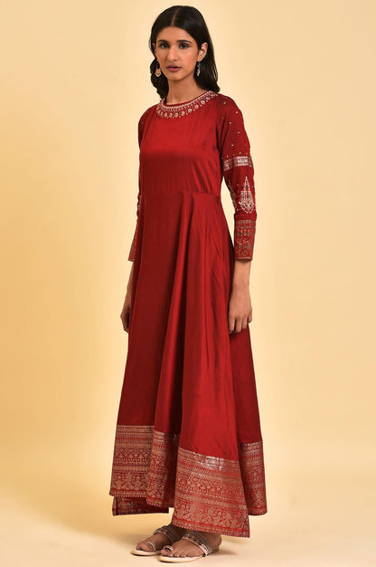 Maroon Embroidered Festive Gown - wforwoman