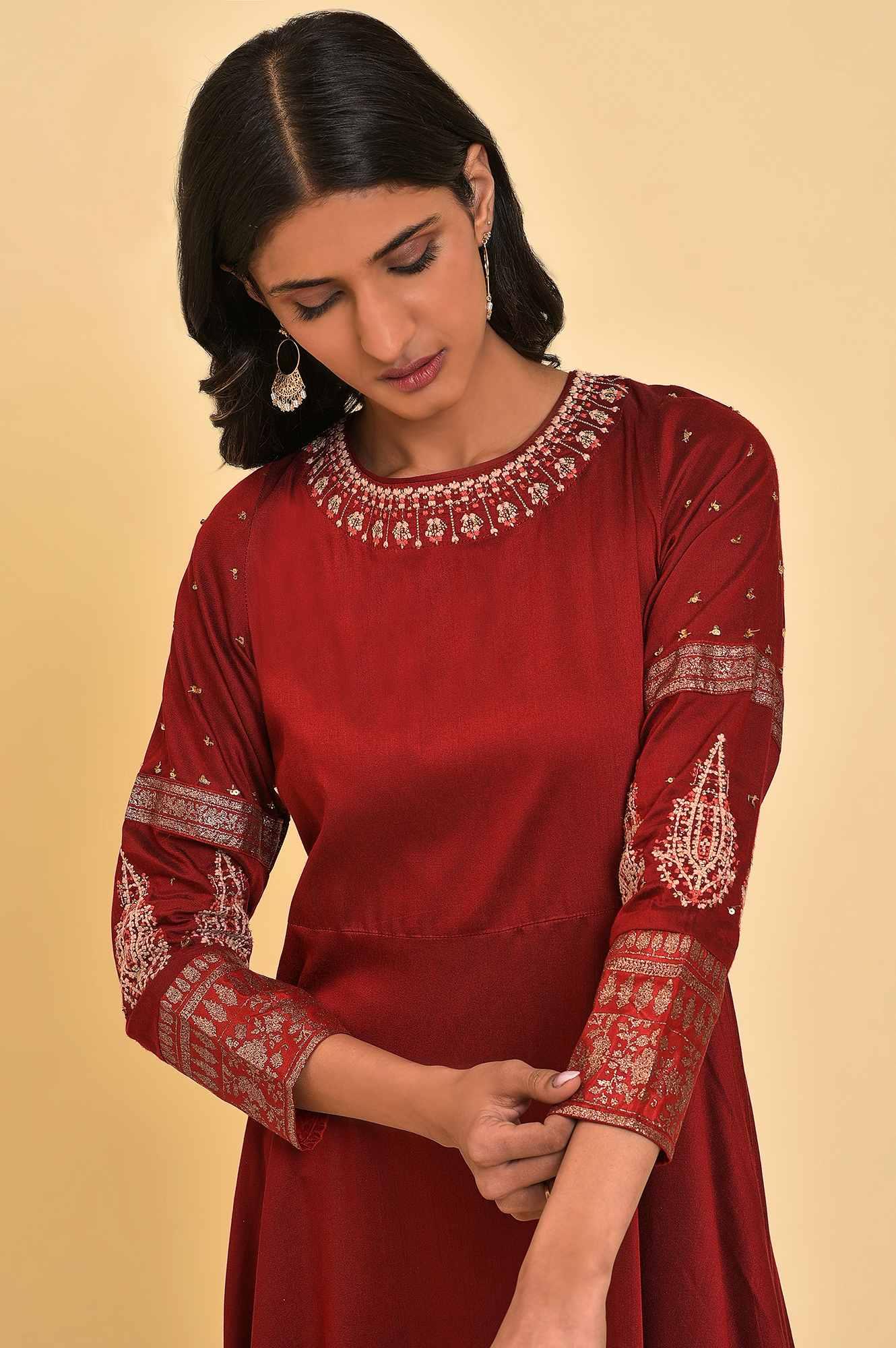 Maroon Embroidered Festive Gown - wforwoman