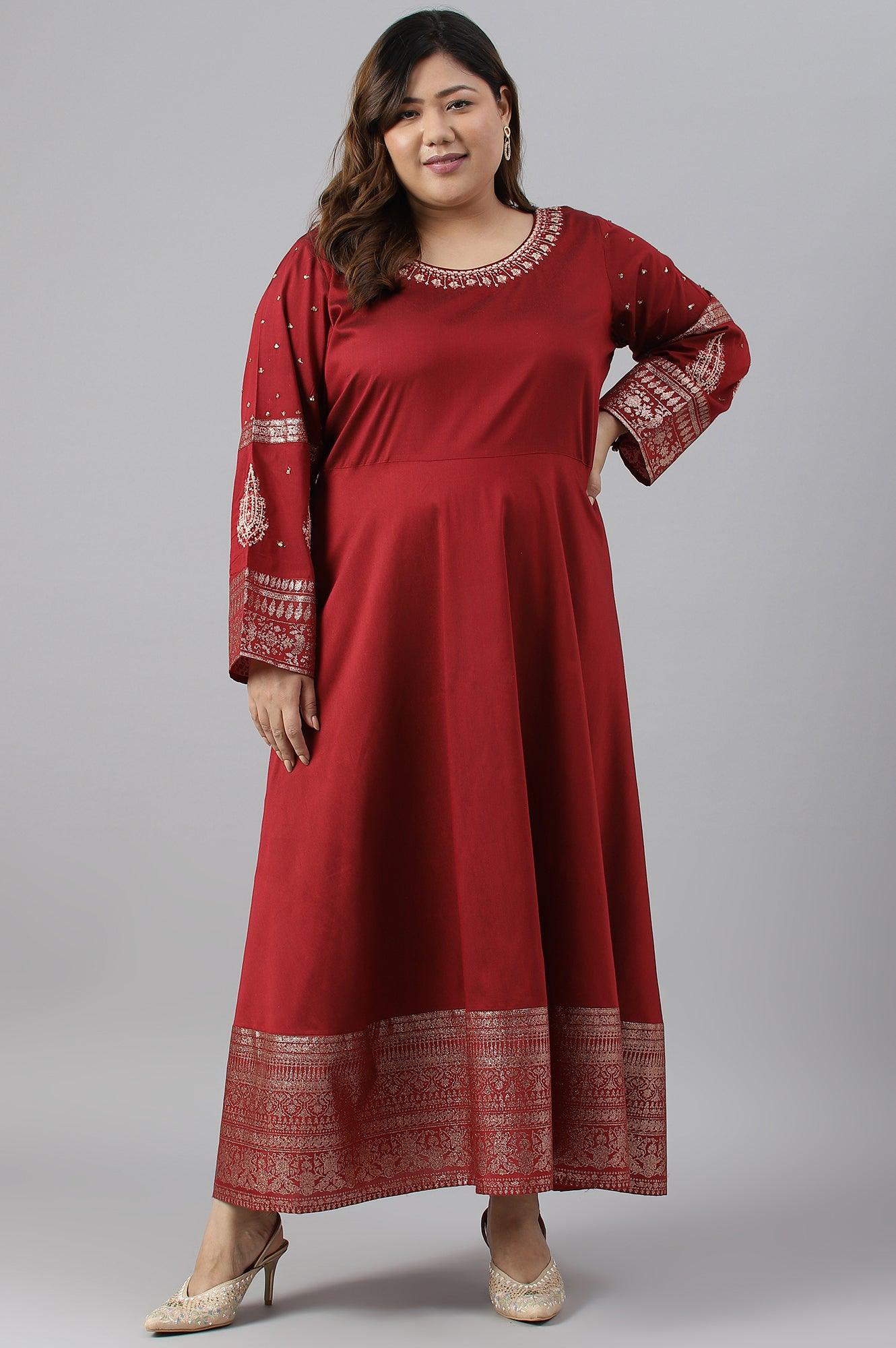 Maroon Festive Plus Size Gown With Embroidery On Neck And Sleeves - wforwoman