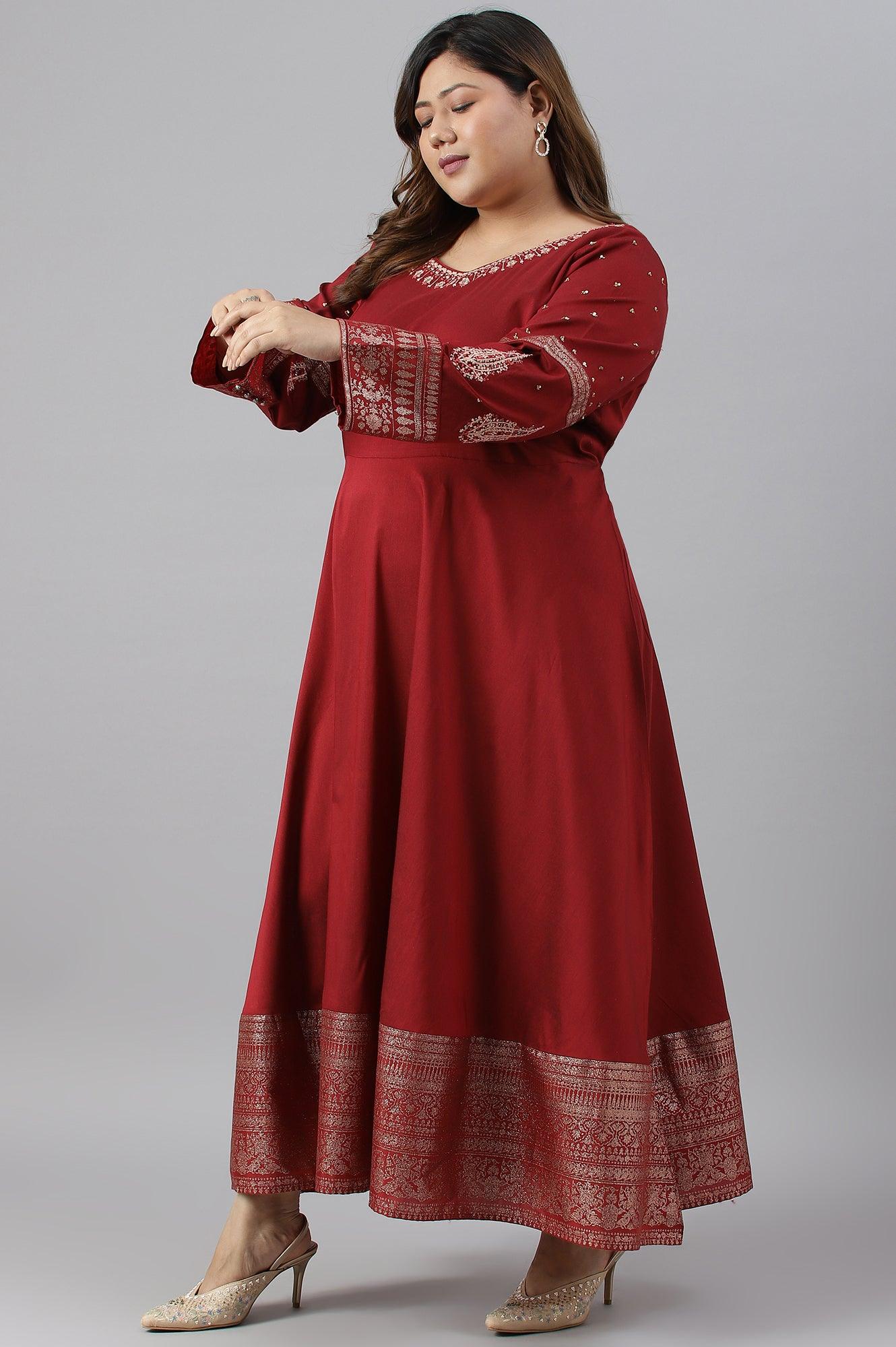 Maroon Festive Plus Size Gown With Embroidery On Neck And Sleeves - wforwoman