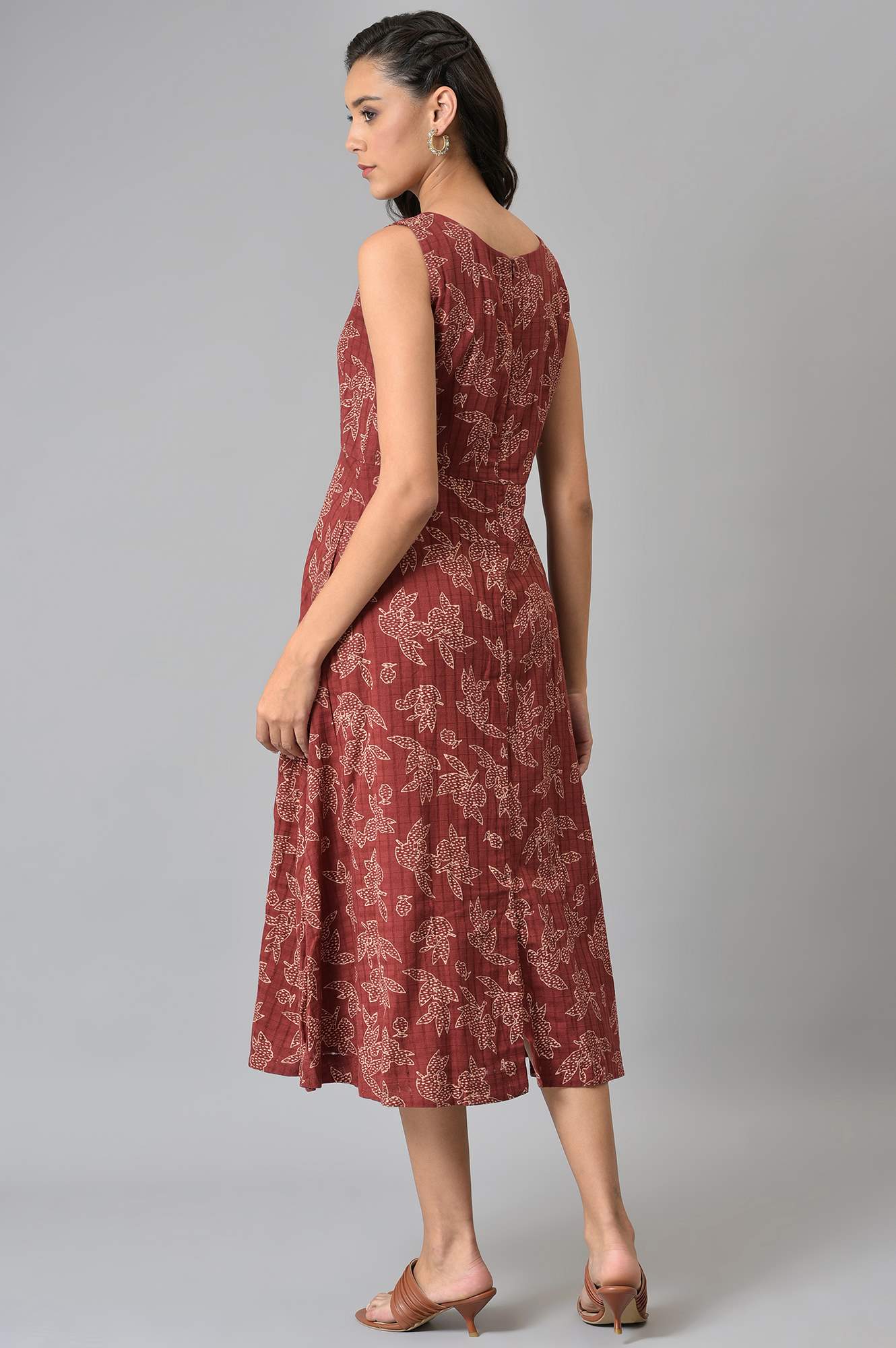 Dark Red Floral Printed Sleeveless Western Dress