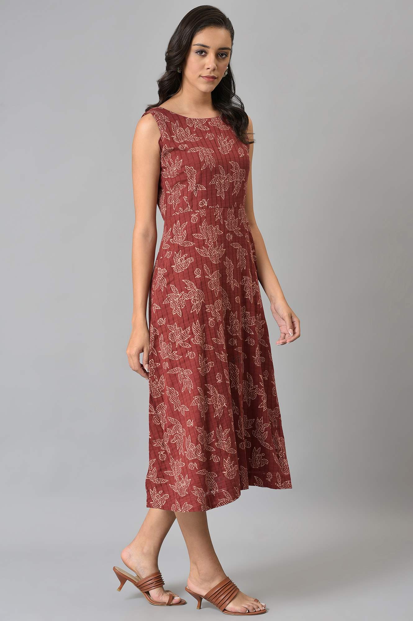 Dark Red Floral Printed Sleeveless Western Dress