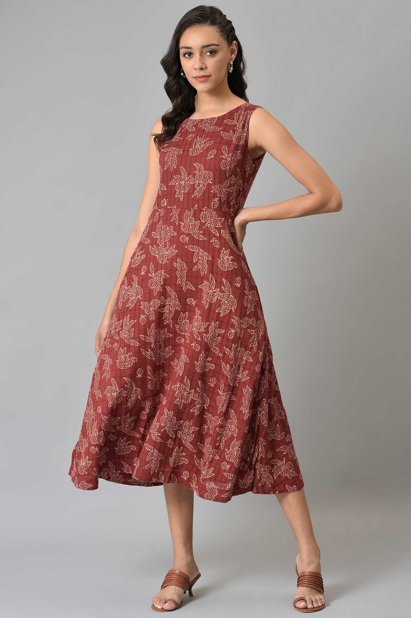 Dark Red Floral Printed Sleeveless Western Dress