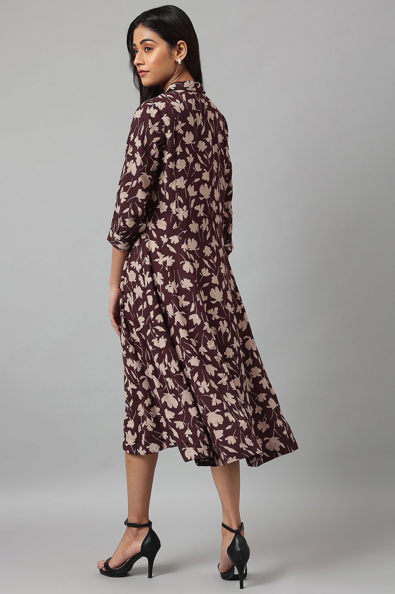 Burgundy Floral Printed Long Shirt Dress