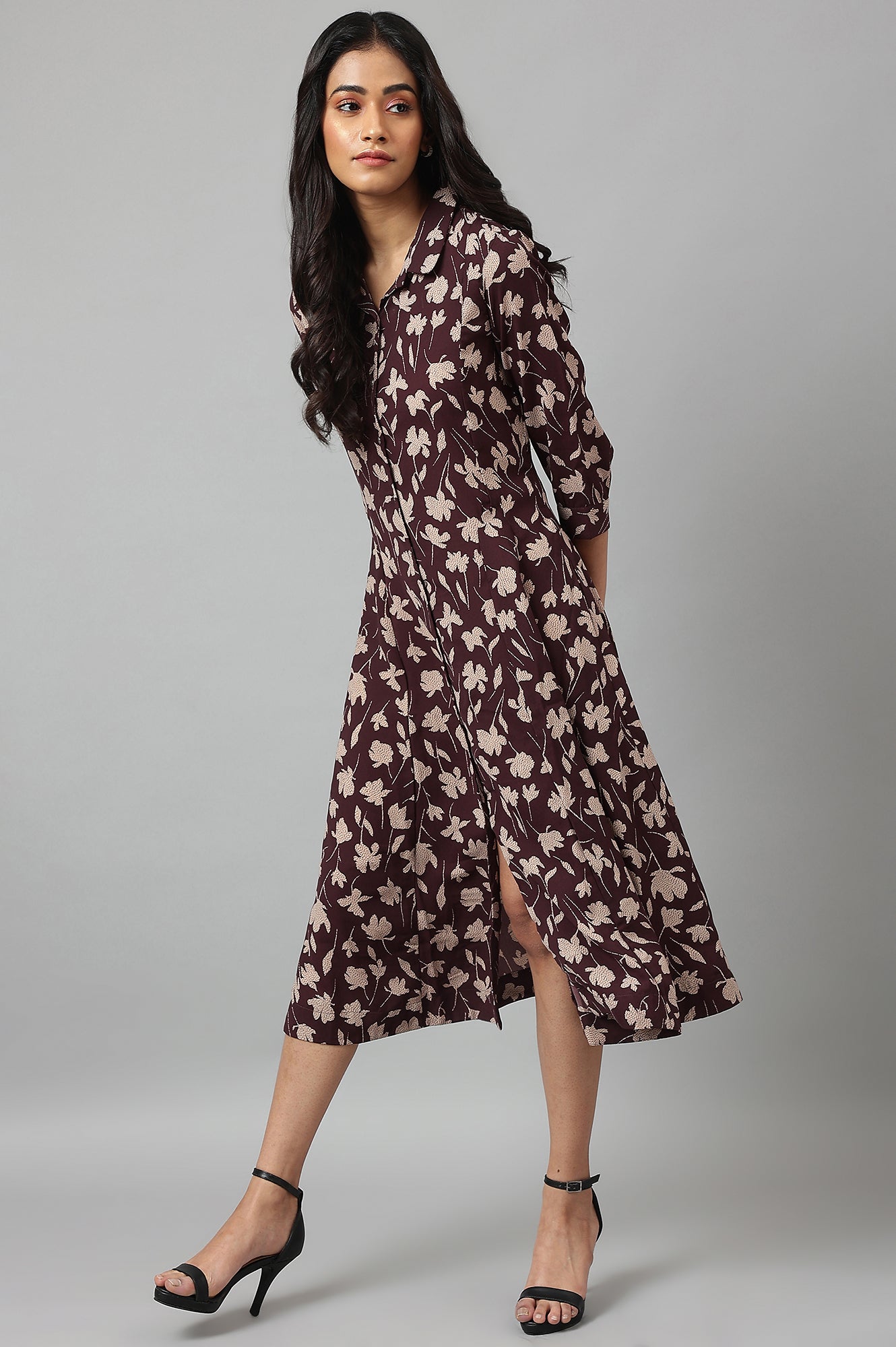 Buy Burgundy Floral Printed Long Shirt Dress Online for Woman WforWoman