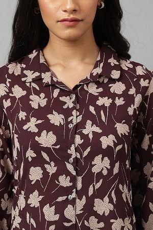 Burgundy Floral Printed Long Shirt Dress - wforwoman