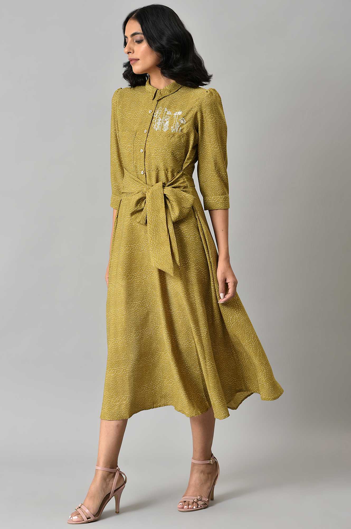 Dark Yellow Shirt Collar Embroidered Dress XS - Main Image