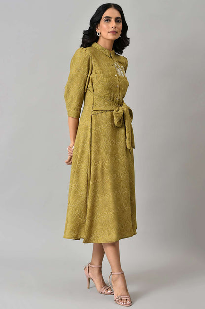 Dark Yellow Shirt Collar Embroidered Dress