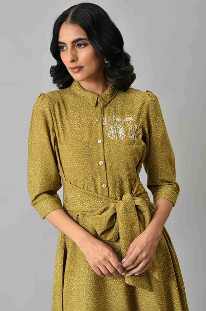 Dark Yellow Shirt Collar Embroidered Dress