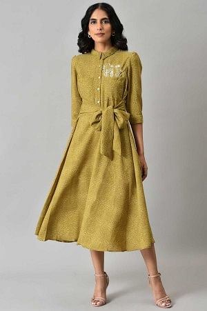 Dark Yellow Shirt Collar Embroidered Dress