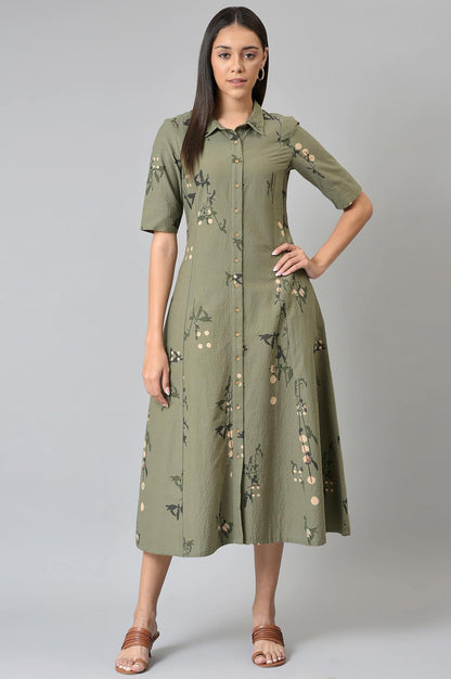 Olive Green Seer Sucker Long Dress