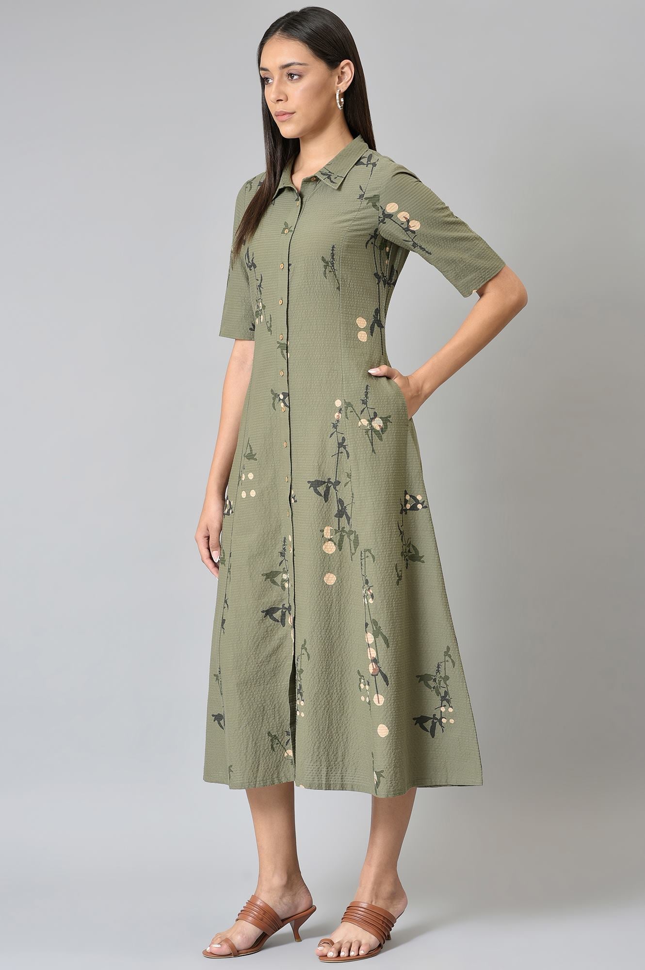 Olive Green Seer Sucker Long Dress