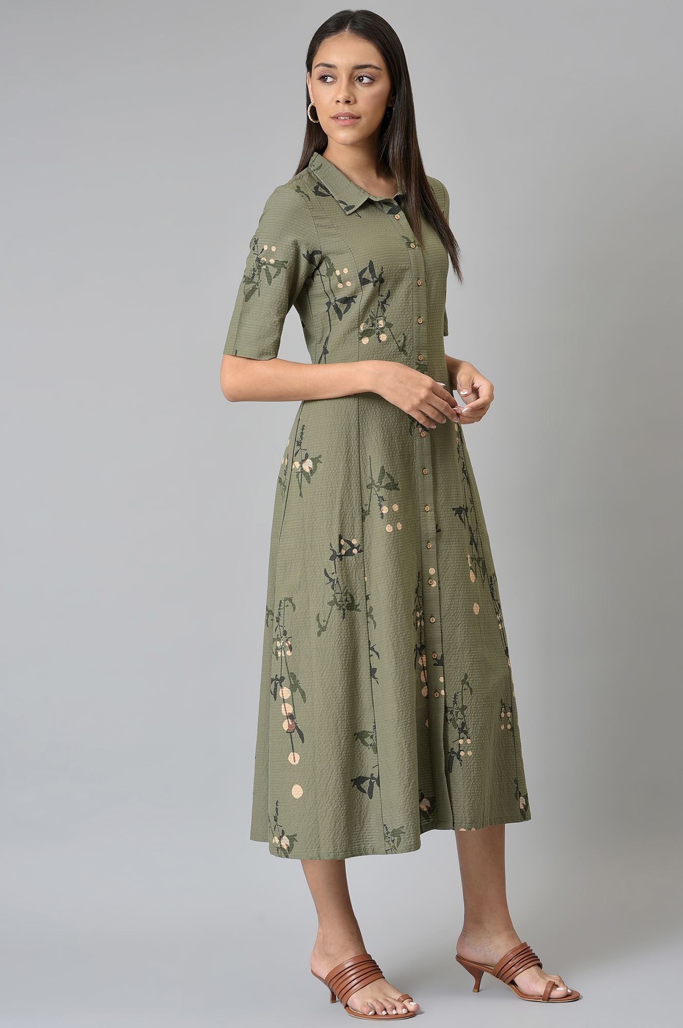 Olive Green Seer Sucker Long Dress