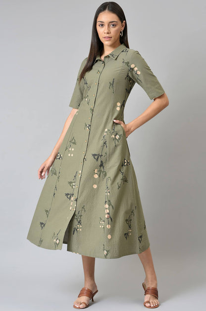 Olive Green Seer Sucker Long Dress