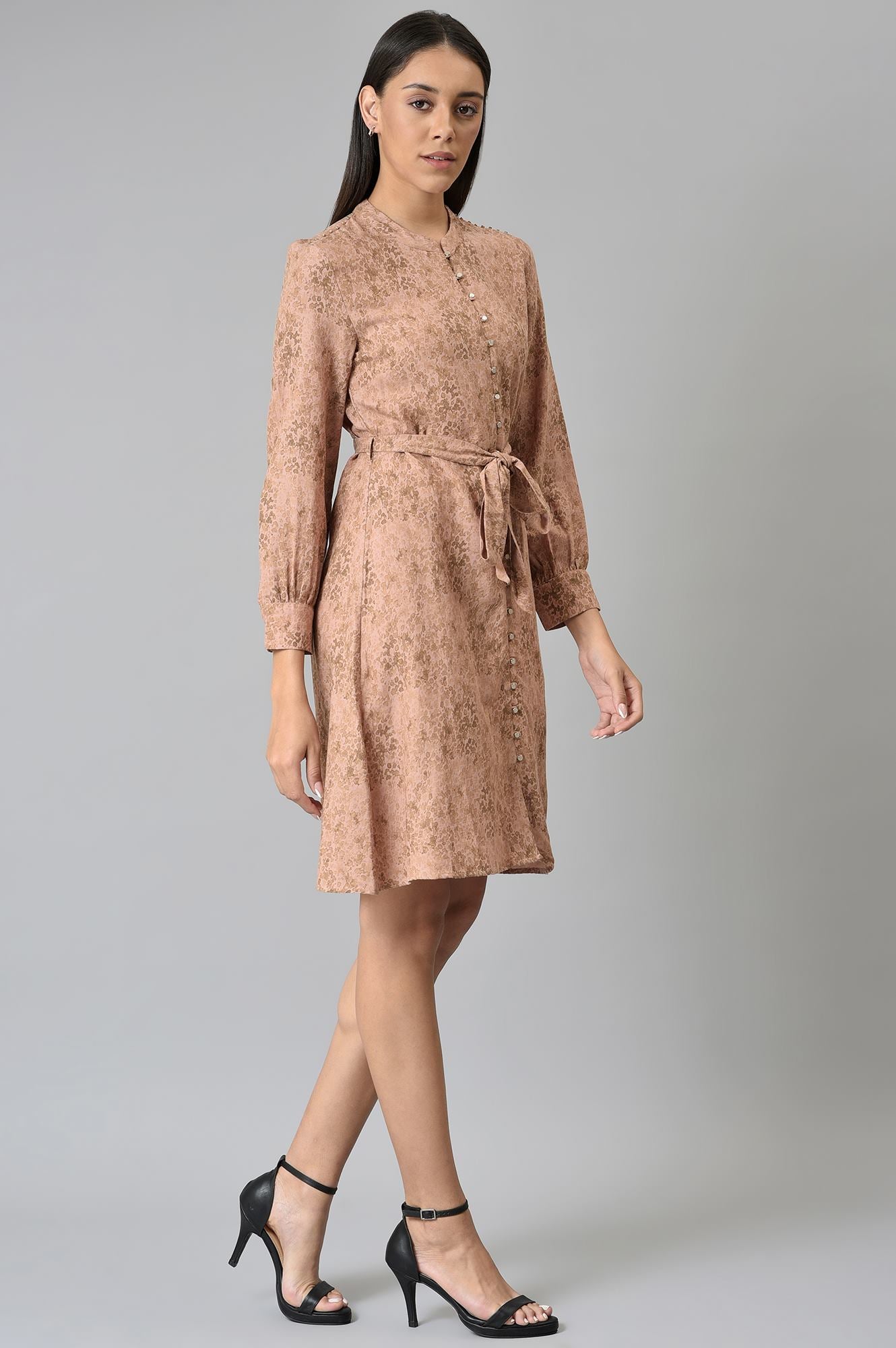 Blush Pink Cotton Textured Dress With Belt