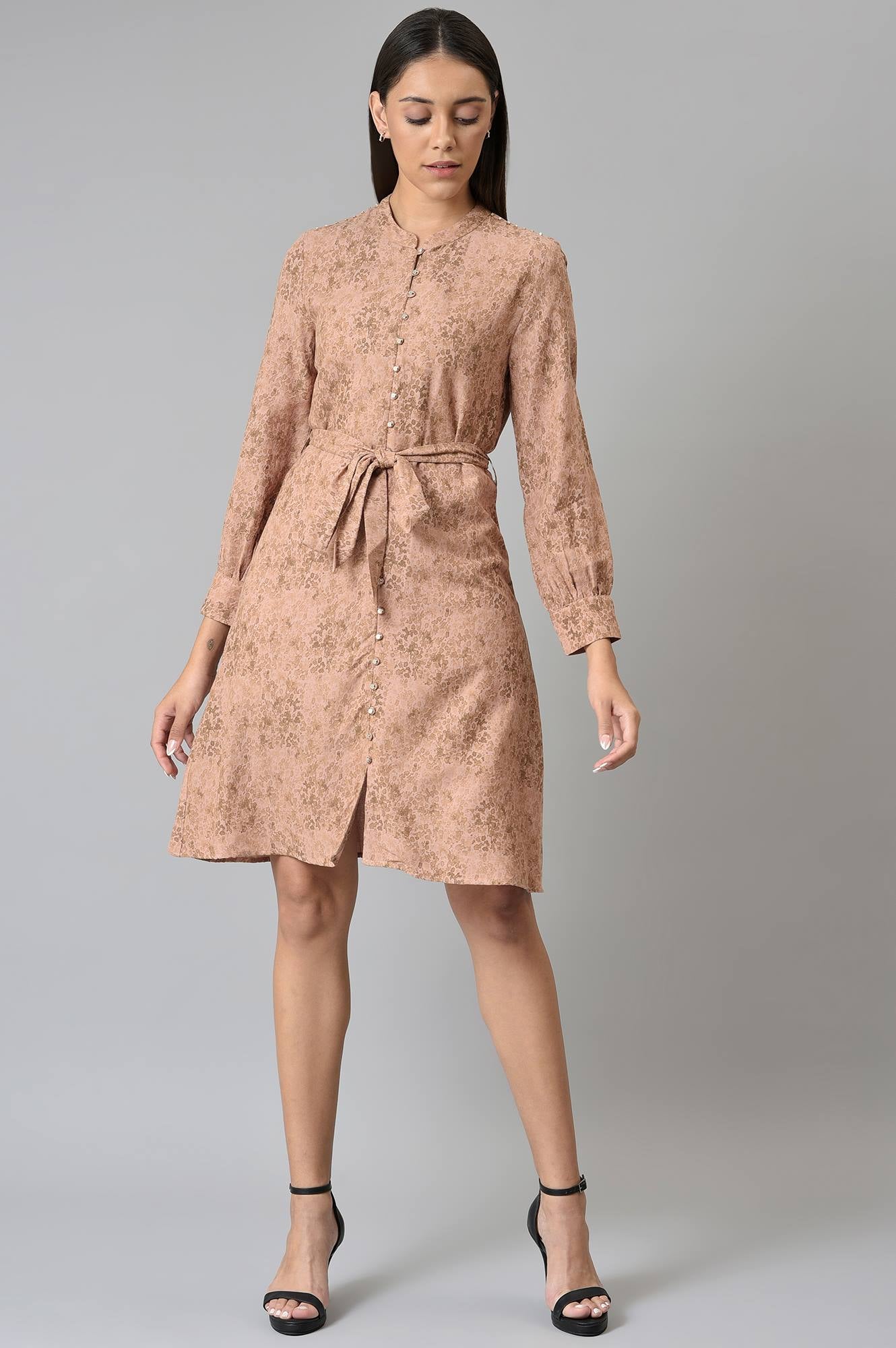 Blush Pink Cotton Textured Dress With Belt