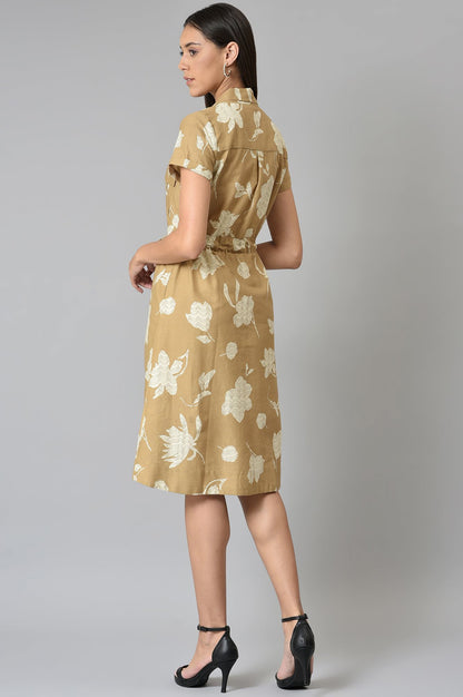 Beige Floral Printed Lapel Collar Dress