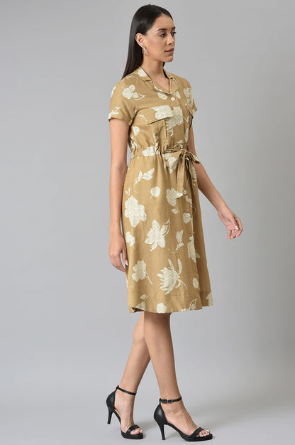 Beige Floral Printed Lapel Collar Dress