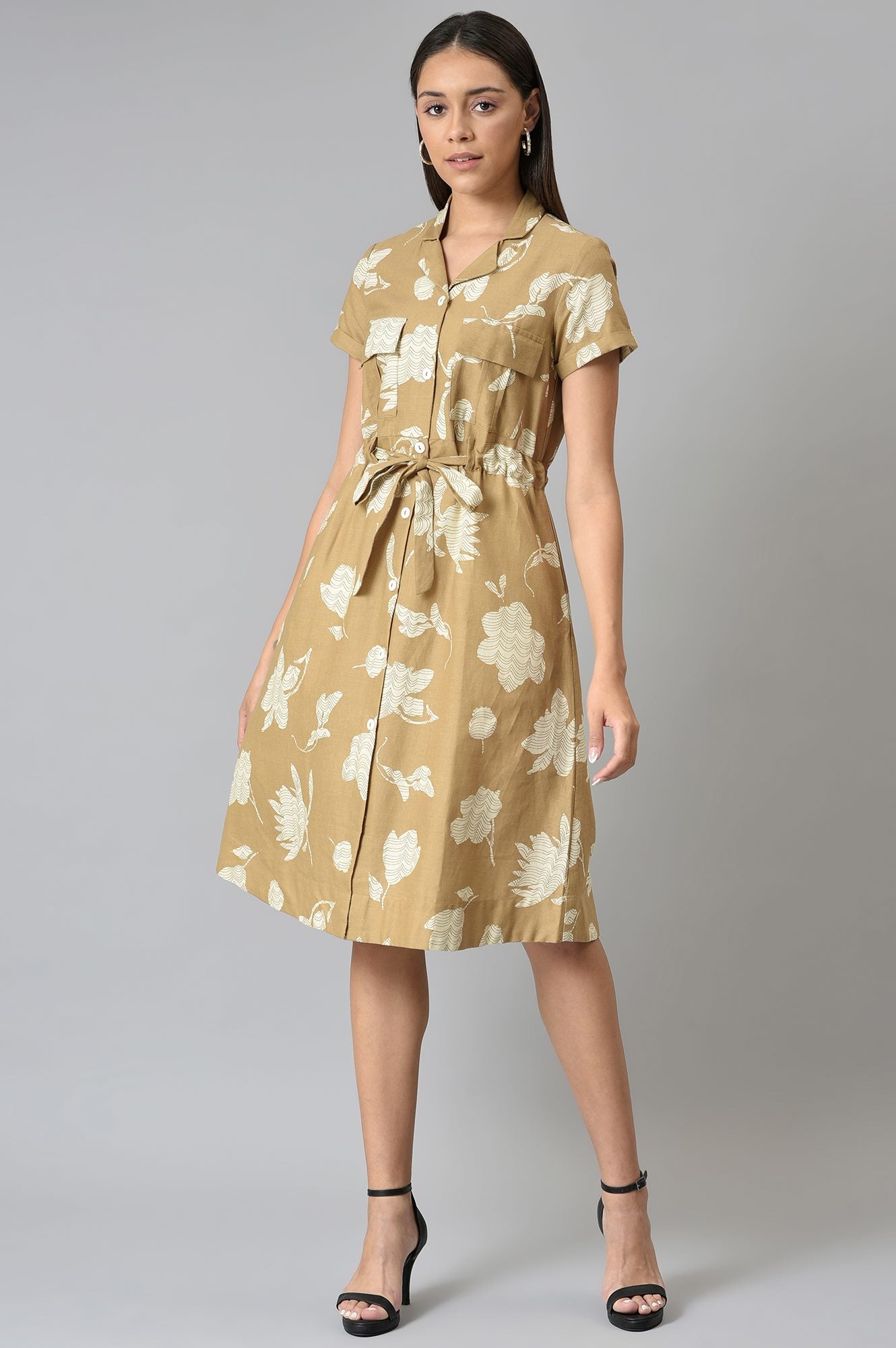 Beige Floral Printed Lapel Collar Dress