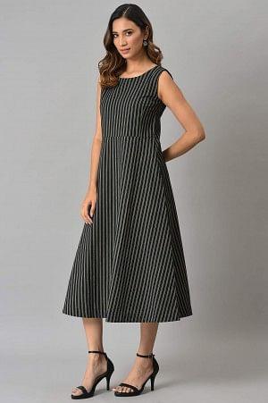 Black Striped Long Sleeveless Dress - wforwoman