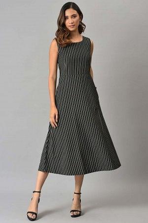 Black Striped Long Sleeveless Dress - wforwoman