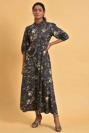 Black Floral Printed Shirt Dress With Floral Embroidery - wforwoman