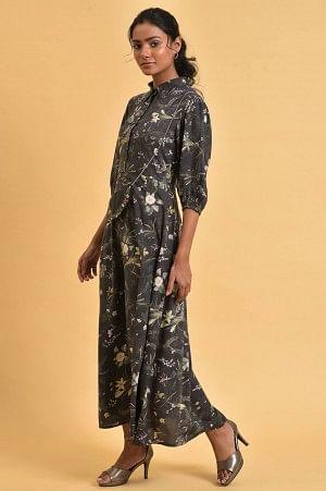 Black Floral Printed Shirt Dress With Floral Embroidery - wforwoman