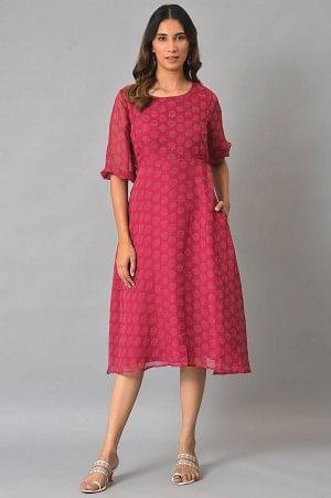 Pink Printed Georgette Western Dress - wforwoman