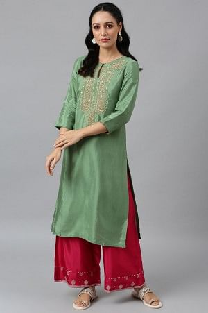 Green Embroidered Yoke kurta with Pink Parallel Pants