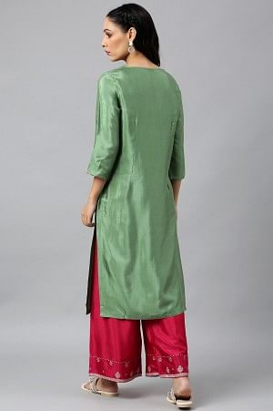 Green Embroidered Yoke kurta with Pink Parallel Pants